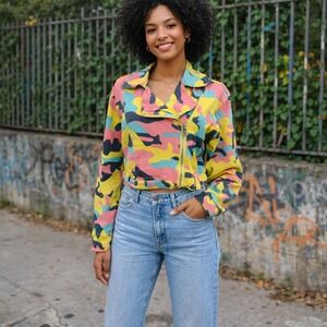 Colorful Camo Cropped Moto Jacket Y2K Streetwear Festival Indie Grunge Rave SZ L